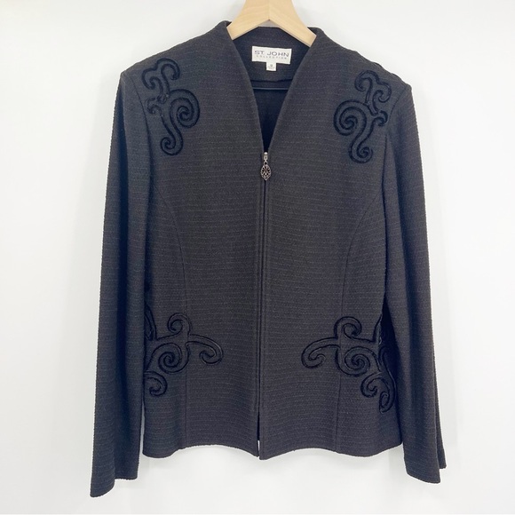 St. John Collection Brown Knit Evening Jacket 12 Blazer Velvet Swirl Accents - Picture 1 of 7